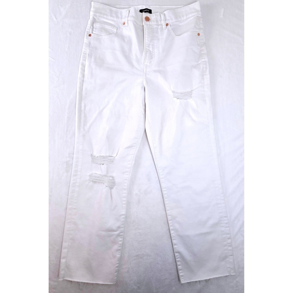 Express Straight Ankle Jeans Womens 10R White High Rise Distressed Raw Hem 55285